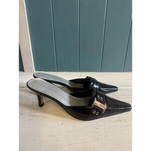 Highlights Black Patent Pointed Toe Buckle Kitten Heel Mules Womens Size 8